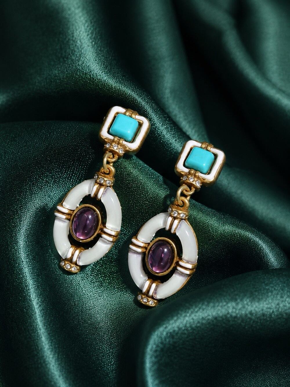 VTG Museum Antique Earrings Gold Turquoise Lucite Crystal Oval Court Amethyst
